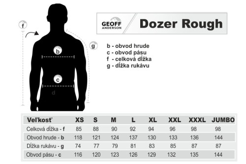 Geoff Anderson Dozer Rough velikostn� tabulka