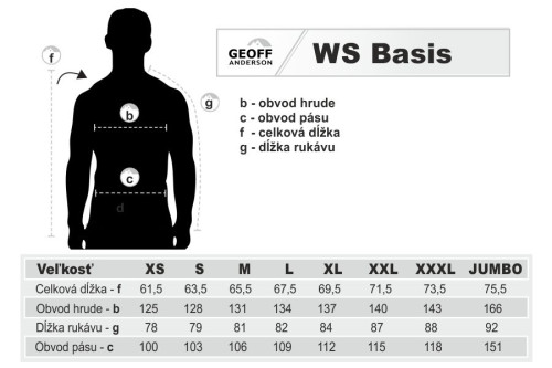 Velikostn� tabulka bundy Geoff Anderson WS Basis